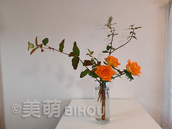 基本の形式　テキスト1-9 基本傾真型・投入　花材：ヒペリカム　バラ　花器：ガラス花器筒形　レッスン用にあえてガラスの花器を使用　十文字留め