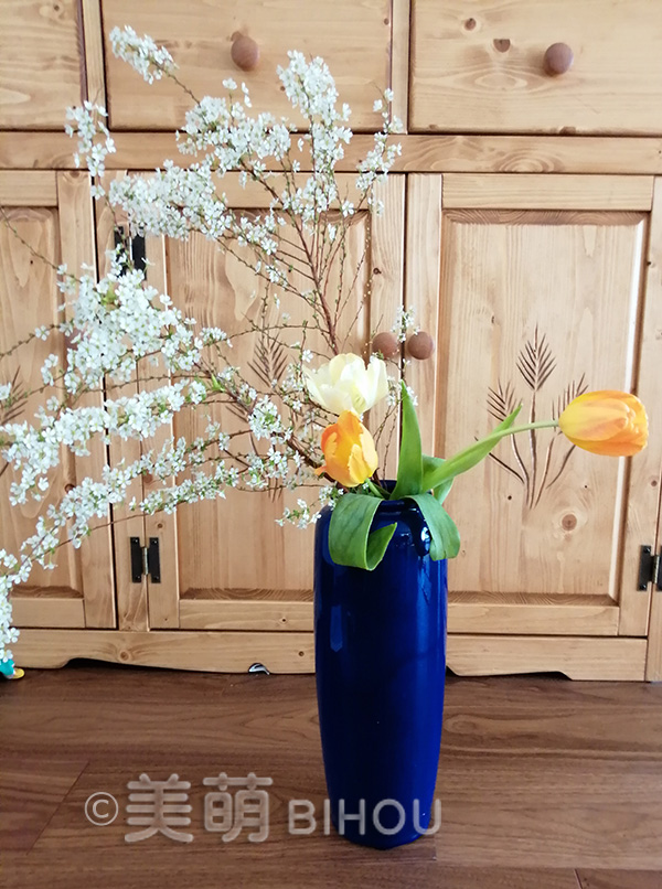 基本立真型・投入　
花材：雪柳・チューリップ　
花器：陶器花器　紺