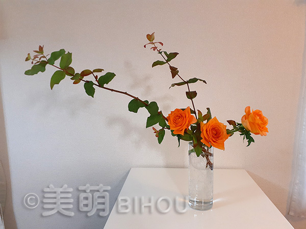 基本の形式　テキスト１－１２　第一応用立真型・投入　花材：ヒペリカム　バラ　花器：ガラス花器筒形　たての添え木留め　レッスン用にあえてガラス花器を使用